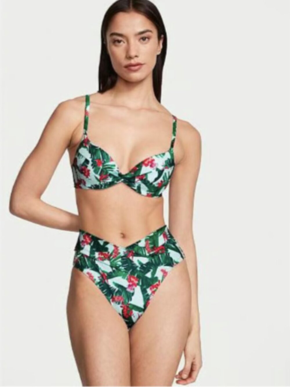 NWT Victoria's Secret Bikini Bottom Floral Green Palm High Waist Cheeky (M) - Picture 3 of 8